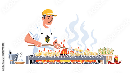 Grilling Corn: A skilled cook meticulously grills fresh corn over an open flame, infusing each kernel with a smoky aroma and irresistible flavor.