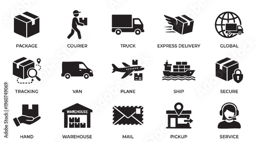 Comprehensive set of black solid logistics and shipping icons illustrating package handling delivery routes and secure storage solutions for modern commerce design