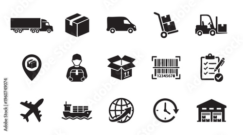 Essential black and white vector graphic icons collection illustrating global logistics supply chain management and various freight transportation methods