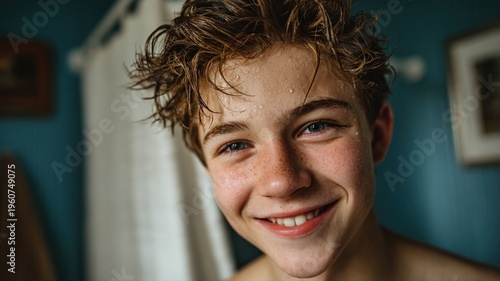 Happy Boy with Messy Hair Smiling in Bright Bathroom Environment