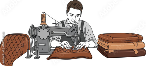 Man sewing leather on industrial machine with fabric stacks