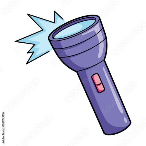 A cartoon illustration of a purple flashlight with a bright light beam emanating from its lens, set against a clean white background