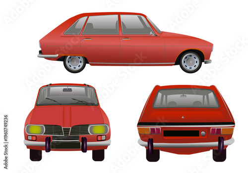 Véhicule de collection, de couleur rouge, vue de dos, de face et profil sur fond blanc