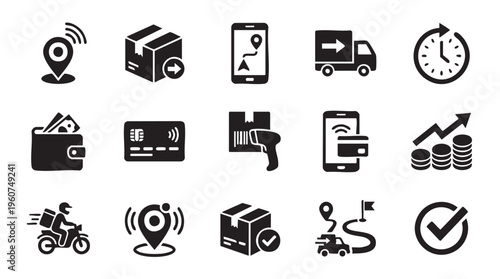 A comprehensive vector graphic set illustrating modern logistics tracking financial transactions and delivery processes across various essential commercial activities