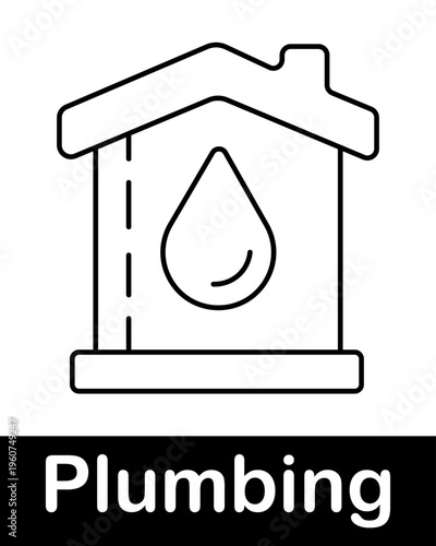 House with water drop line icon representing water supply, plumbing system and home utility concept in minimal outline vector style