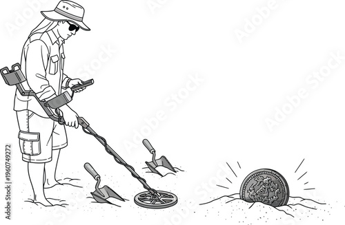 Man using metal detector to find buried treasure coin