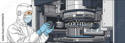 Technician in cleanroom suit working with precision machine