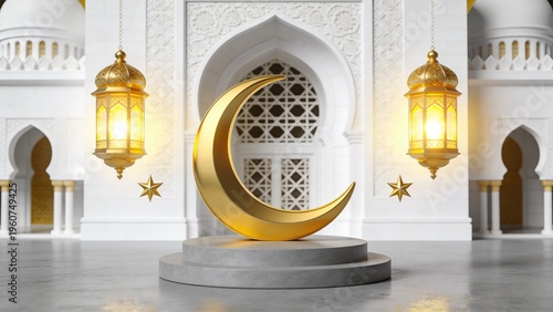 seedream-4.5_A_majestic_golden_crescent_moon_rendered_in_a_highly_polished_reflective_3D_styl-0