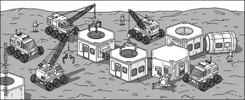 Lunar base construction site with robots and machinery on moon surface