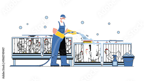 Poultry Cleaning: A worker diligently cleans a poultry farm, using a high-pressure hose to sanitize the area, promoting hygiene and care within the agricultural setting.