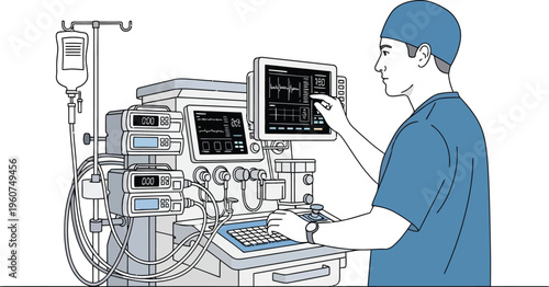 Doctor working on medical equipment in hospital