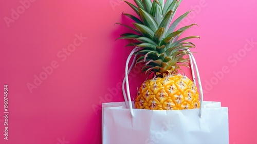Fresh Tropical Pineapple in Shopping Bag on Pink Background