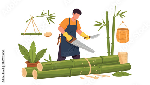 Artisan Crafting Bamboo: An artisan is skillfully crafting bamboo components using saw, embodying traditional craftsmanship and sustainable practices.