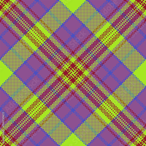 Vibrant purple and neon lime pixel plaid pattern with a modern digital twist. This seamless geometric design blends retro art with textile style, perfect for bold fashion and unique web projects.
