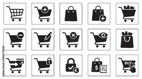 A collection of fifteen essential black and white vector shopping cart and bag icons illustrating various e-commerce transaction and management functions
