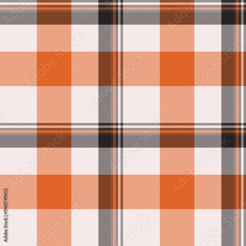 Direct tartan seamless plaid, elementary vector textile texture. Deluxe fabric check background pattern in white and orange colors.