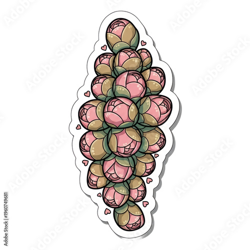 Illustrated vertical cluster of stylized pink buds