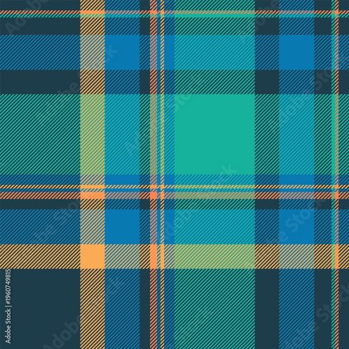 Large pattern tartan plaid, satin vector textile background. Herringbone check texture seamless fabric in dark and cyan colors.