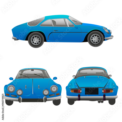 Véhicule de sport, de couleur bleue, vue de dos, de face et profil sur fond blanc