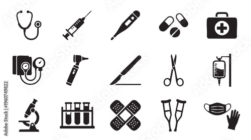 A comprehensive vector graphic illustration featuring various essential medical and healthcare equipment icons for clinical representation