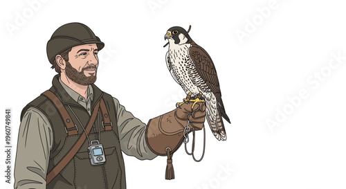 Man holding a falcon on his hand with leather glove