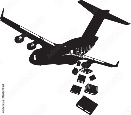 Airplane dropping luggage, black silhouette, vector illustration, travel concept