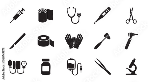 Black and white vector graphic design illustration featuring various essential medical and surgical instruments for healthcare settings.