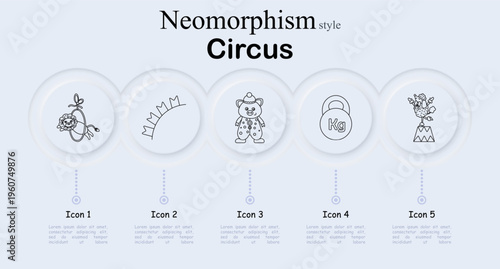 Circus set icon. Neomorphism style interface with hoop toy, striped arc shape, bear doll, kettlebell with kilogram mark, clown figure on pedestal. Soft round buttons