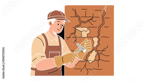 Bricklayer at Work: A skilled bricklayer meticulously repairs a weathered brick structure, his expertise evident in every calculated move.