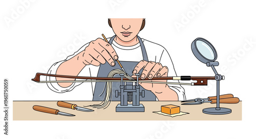 Person making bow string with tool on workbench