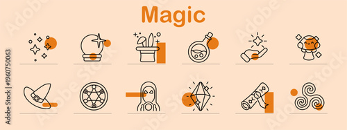 Magic set icon. Line collection with sparkles, crystal ball, magician hat, potion bottle, wand, genie lamp, witch hat, magic circle, ghost figure, crystal, scroll, swirl symbol.