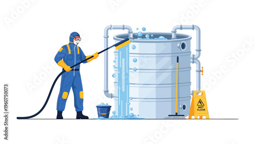 Industrial Cleaning: A worker in protective gear diligently cleans a massive industrial container, highlighting the process of maintenance and hygiene within the industry.