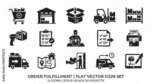 Order fulfillment flat vector icon set with solid black silhouette