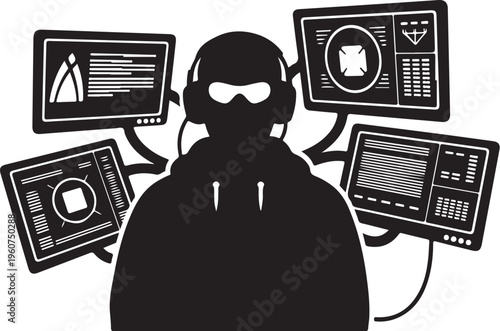 Hacker, anonymous person, computer screens, cybercrime vector
