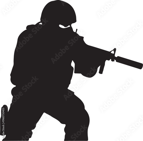 Soldier silhouette, military icon, combat ready, black vector graphic