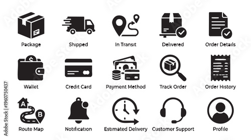 Collection of black icons related to delivery and ecommerce services