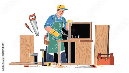 Carpenter at Work: A skilled carpenter meticulously working on a wooden frame, surrounded by essential tools of the trade. Crafting with precision and showcasing the artistry of woodworking.