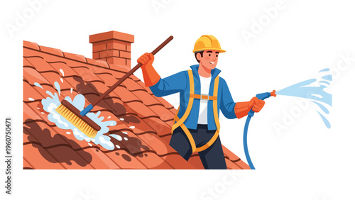 Rooftop Cleaning : A skilled worker meticulously cleans a rooftop. Utilizing a hose and brush, the professional diligently washes the roofing tiles.