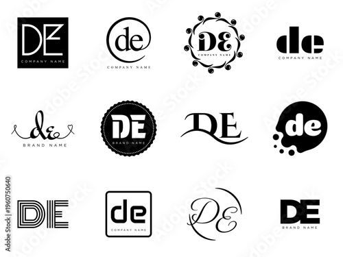 DE logo company template. Letter d and e logotype. Set different classic serif lettering and modern bold text with design elements. Initial font typography.