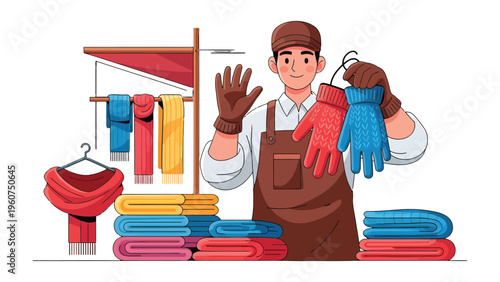 Warm Textile Specialist: A skilled artisan, clad in a brown apron and cap, arranges a vibrant array of textiles, showcasing gloves, scarves, and folded fabrics with pride and expertise.
