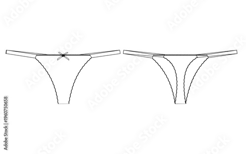 Vector Outline of Women's Briefs for Fashion Tech Pack, Women's Intimate Wear CAD Vector Flat Sketch, Technical Fashion Illustration of Women's G-String Thong Panty.