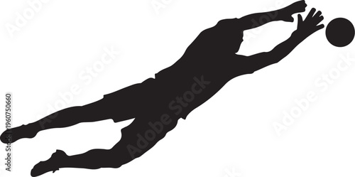 Black silhouette soccer goalkeeper jumping to catch ball, sports vector icon