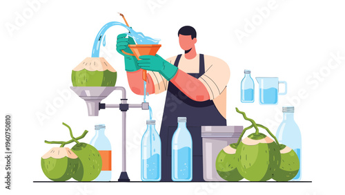 Coconut water extraction process: Illustration of a person extracting refreshing coconut water, symbolizing the preparation of a natural and healthy drink. The image highlights a meticulous process.