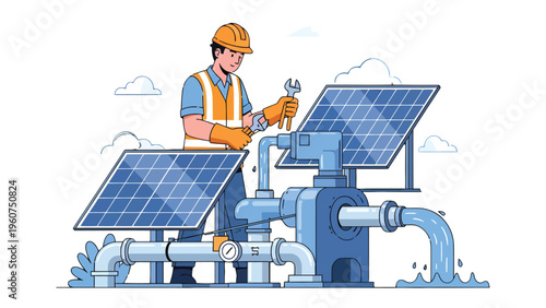 Solar Panel Technician at Work: An expert technician diligently works on solar panel installation and maintenance, ensuring the flow of sustainable energy. 