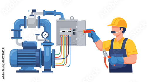 Electrician at Work: A skilled electrician diligently works on the intricate components of a water pump system, using his expertise to ensure efficient functionality. 