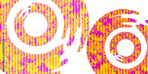 Abstract circular geometric design with a bold white spiral and concentric rings cut out from a vibrant textured surface, futuristic and experimental style.