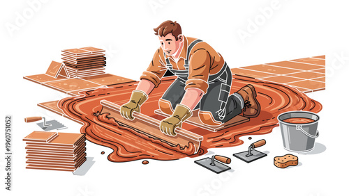 Tiling the Floor: A skilled craftsman expertly lays tiles on a floor, demonstrating the precision and dedication required for this construction process.