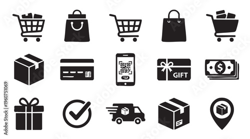 Collection of ecommerce and shopping icons in black and white