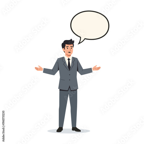 A businessman in a grey suit shrugging his shoulders with an empty speech bubble above him