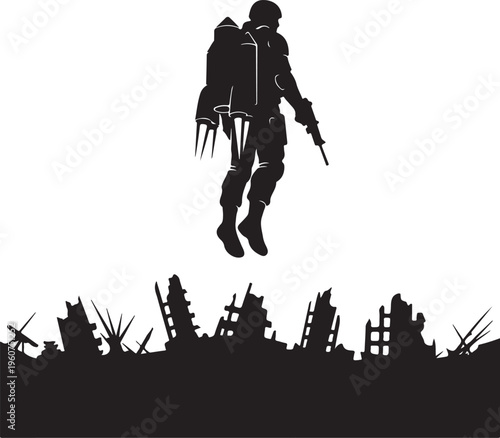 Post-apocalyptic survivor, black silhouette, city ruins, vector illustration